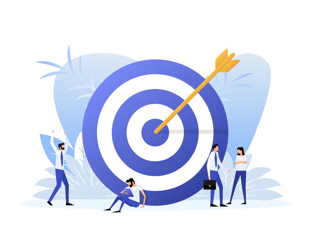 Target with an arrow flat icon concept market goal picture image on blue background. Flat people. Vector illustration.